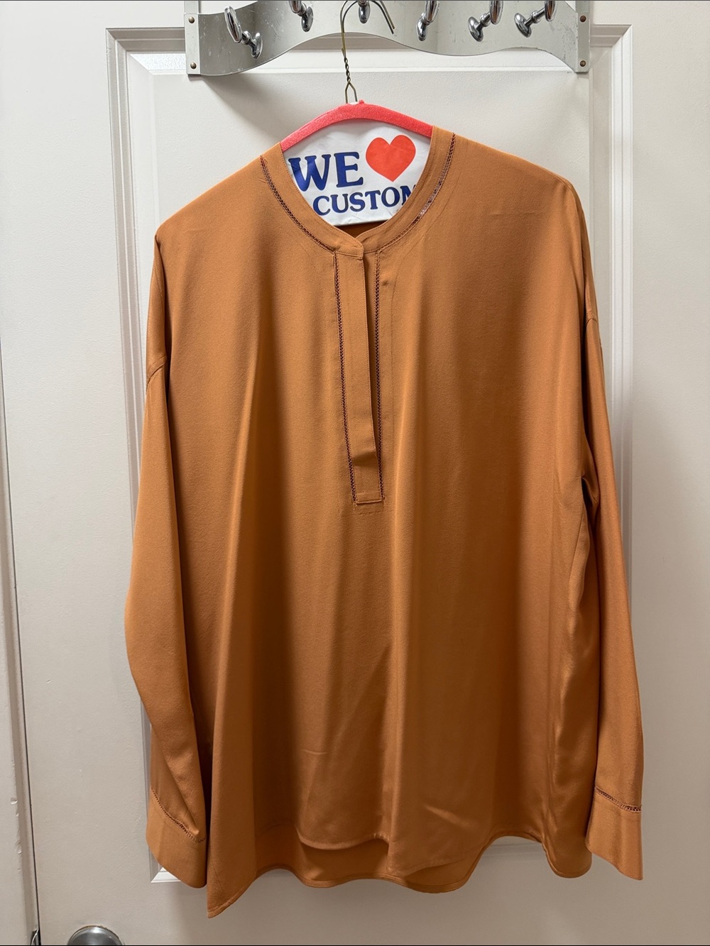 Vince Long-Sleeve Henley Silk Blouse in Amber Brown